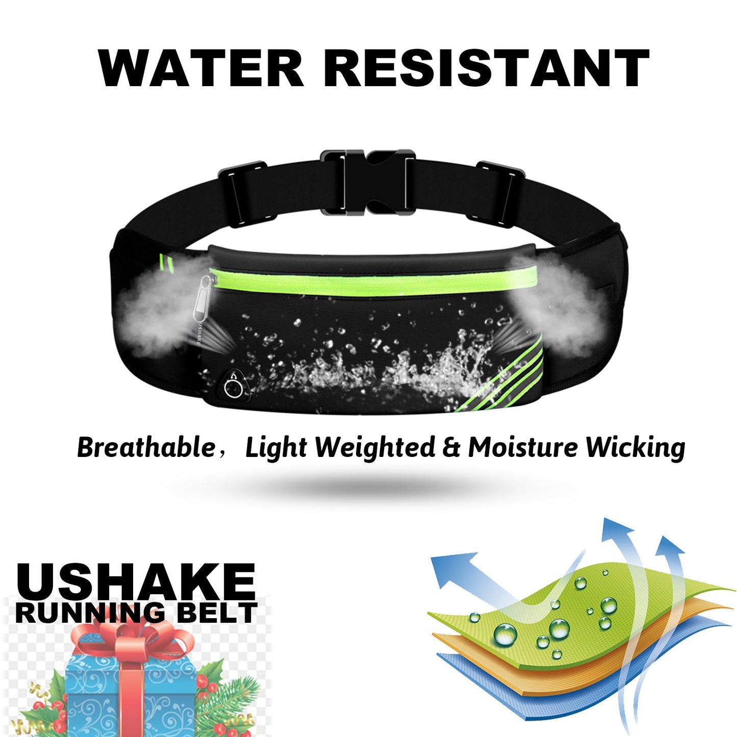 USHAKE Running Belt with Bounce-Free Pouch for iPhone and Samsung Galaxy - Ideal for Running, Walking, Cycling, and Gym Workouts Black