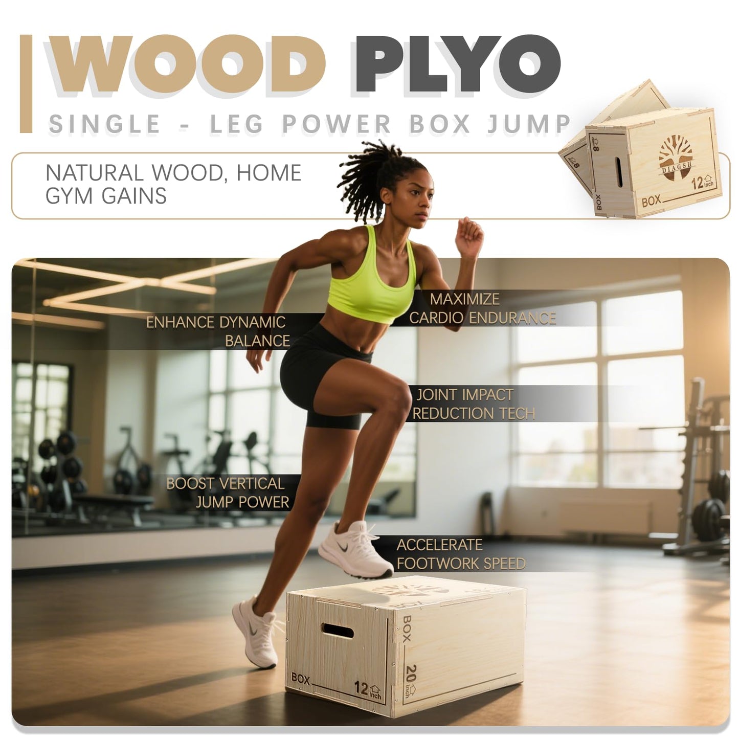 Plyo Box - 3-in-1 Wood Plyometric Jump Platform (16"x12"x8") for Home Gym Training - Ideal for Jumps, Squats & Conditioning-1 Piece