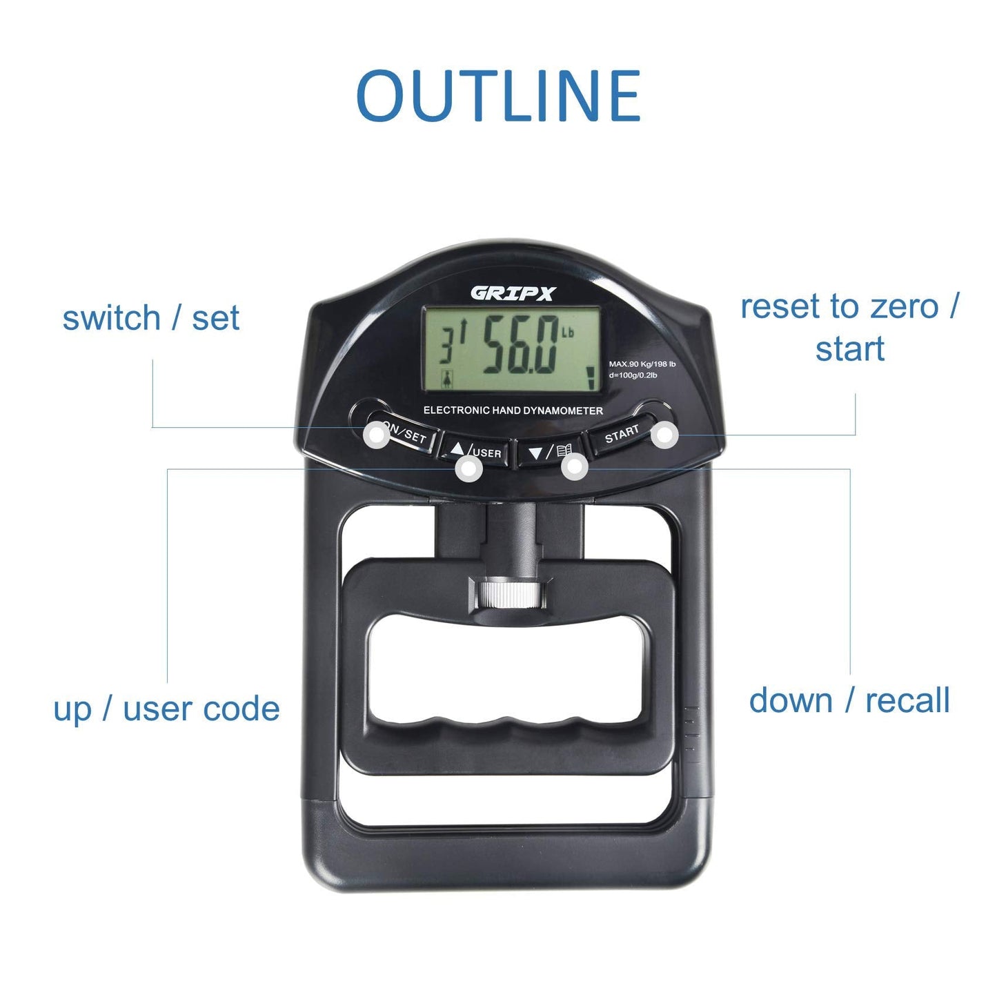 GRIPX Digital Hand Dynamometer Grip Strength Measurement Meter Auto Capturing Electronic Hand Grip Power 198Lbs / 90Kgs, Black
