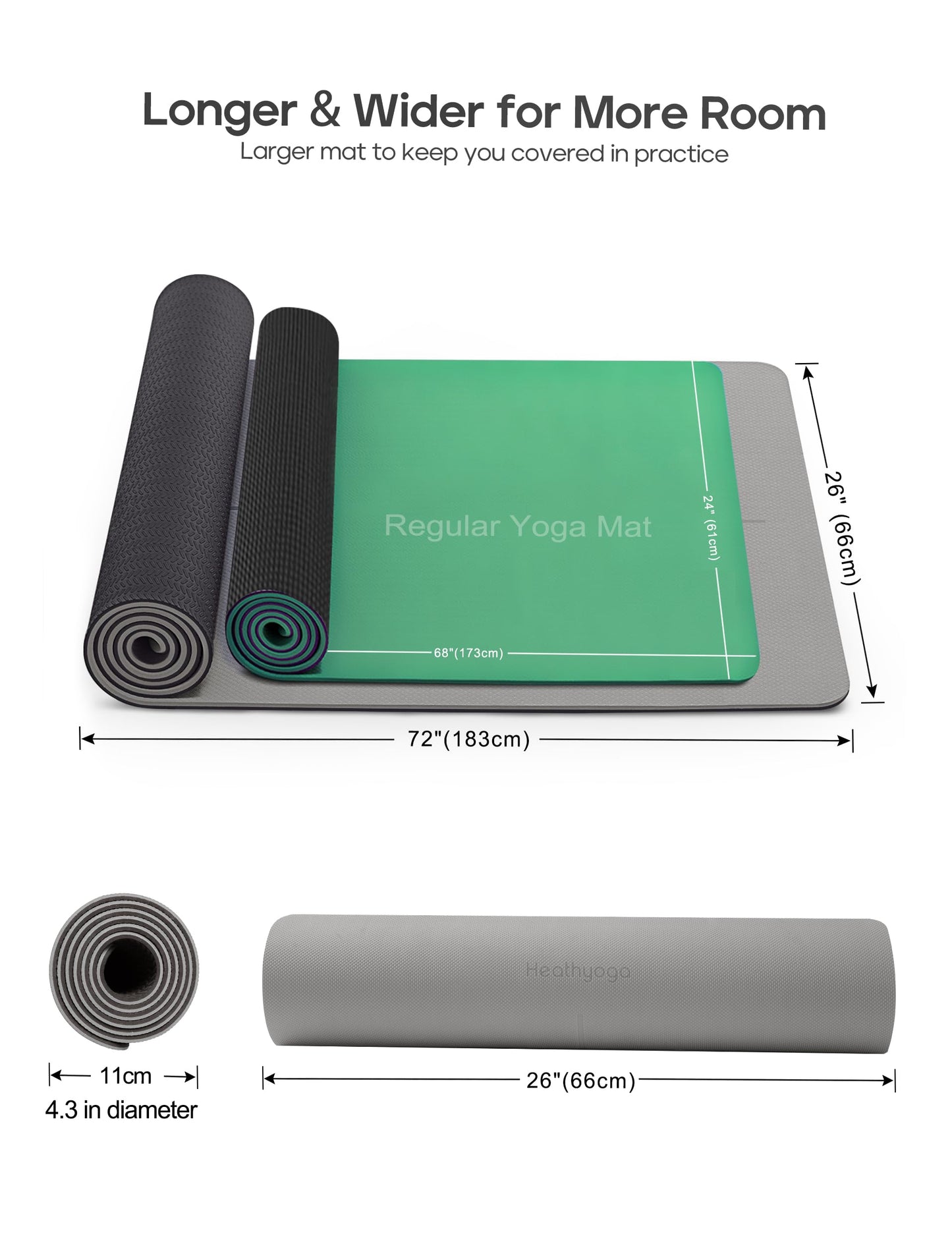 Heathyoga Yoga Mat Non Slip TPE Pilates Exercise Mats for Home Workout Gym Fitness Eco Friendly Thick Hot Yoga Mat with Strap Body Alignment,72"x 26" Thickness 1/4"