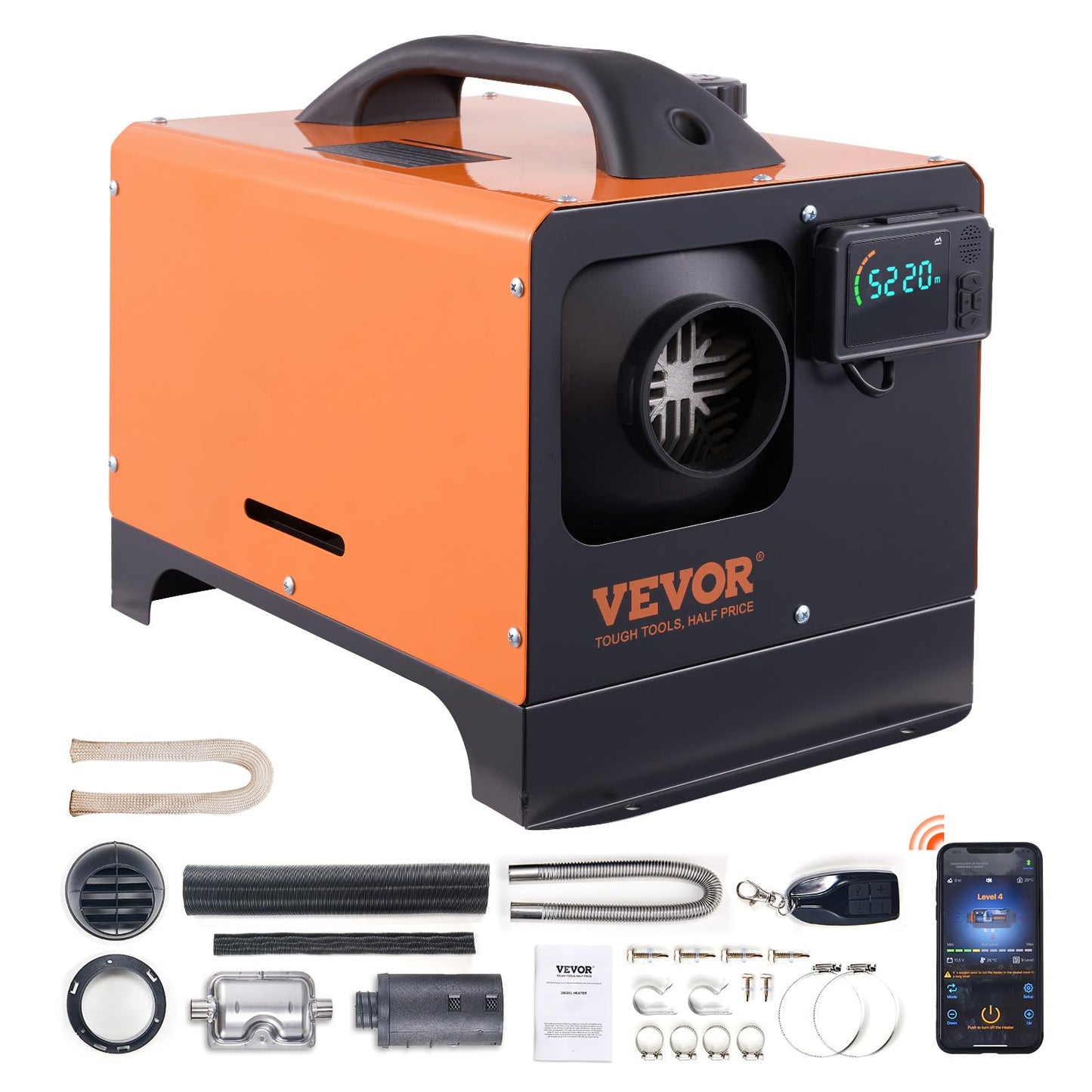 VEVOR Diesel Heater, 12V All-in-one Diesel Air Heater with Remote Control and LCD Display, 5L Fuel Tank Fast Heating Portable Diesel Parking Heater for RV, Truck, 8KW, Upgrade - APP Control, Orange