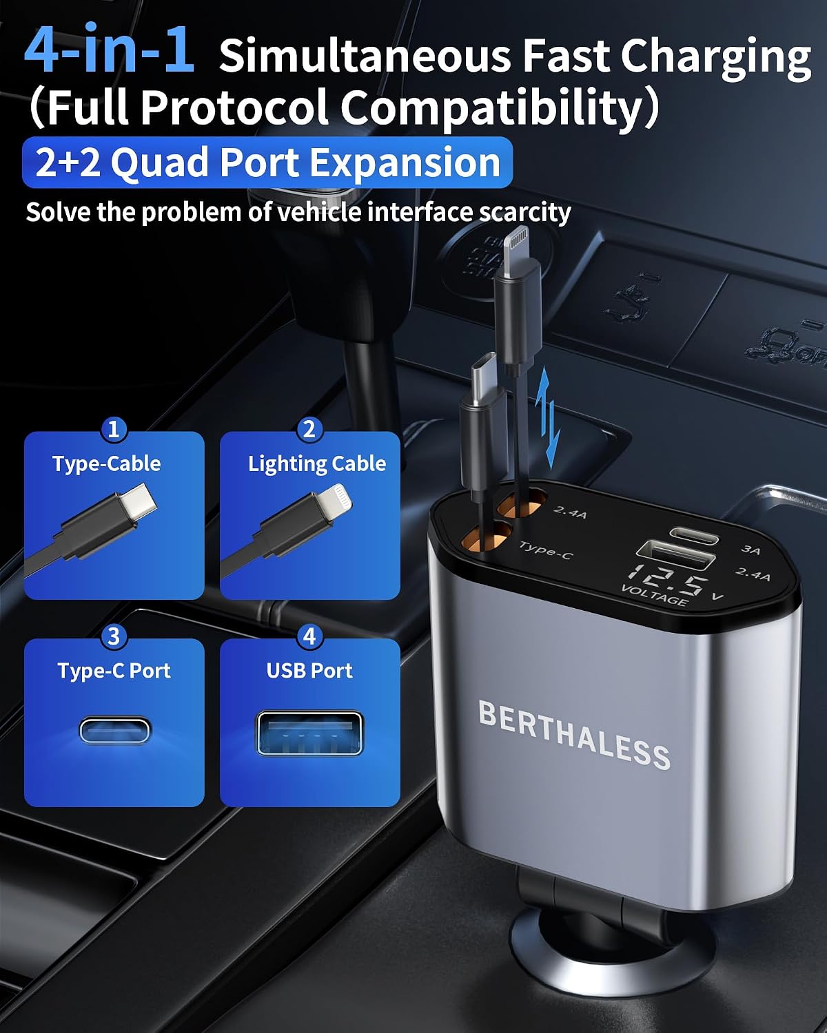 BERTHALESS 4 1 17/16/15/14/13/12/11,Galaxy,Pixel, Retractable Car Charger, in Fast Charging Car Charger with USB-C