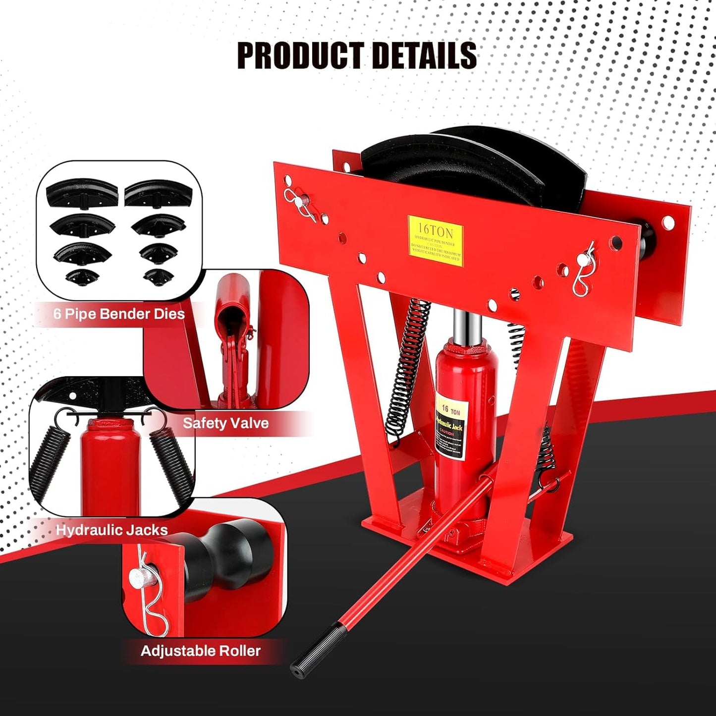 16 Ton Hydraulic Pipe Bender Manual Copper Tubing Bender Tool with 8 Dies (1/2",3/4",1",1-1/4",1-1/2",2",2.5", 3"), 90°-180° Adjustable Rollers Steel Iron Metal Ratcheting