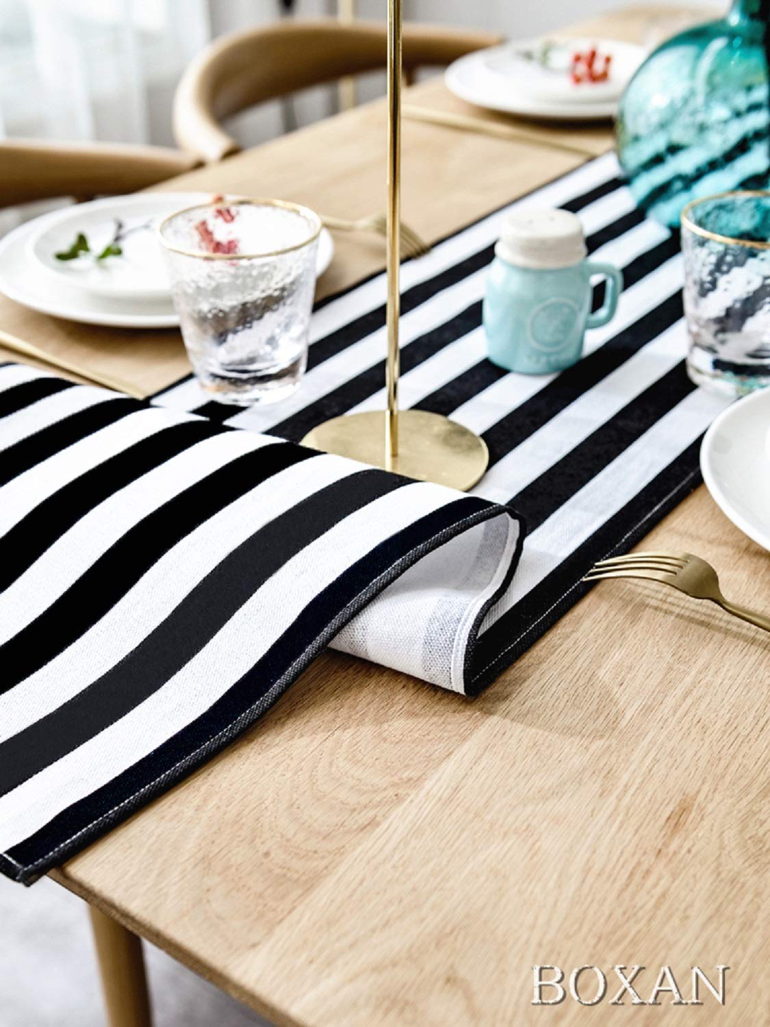 BOXAN Classic Black and White Striped Table Runner, Modern Stripes Pattern Elegant Cotton Canvas Table Top Decor for Art Deco Wedding, Bridal Shower, Bachelorette Party Decorations, 12" x 72"