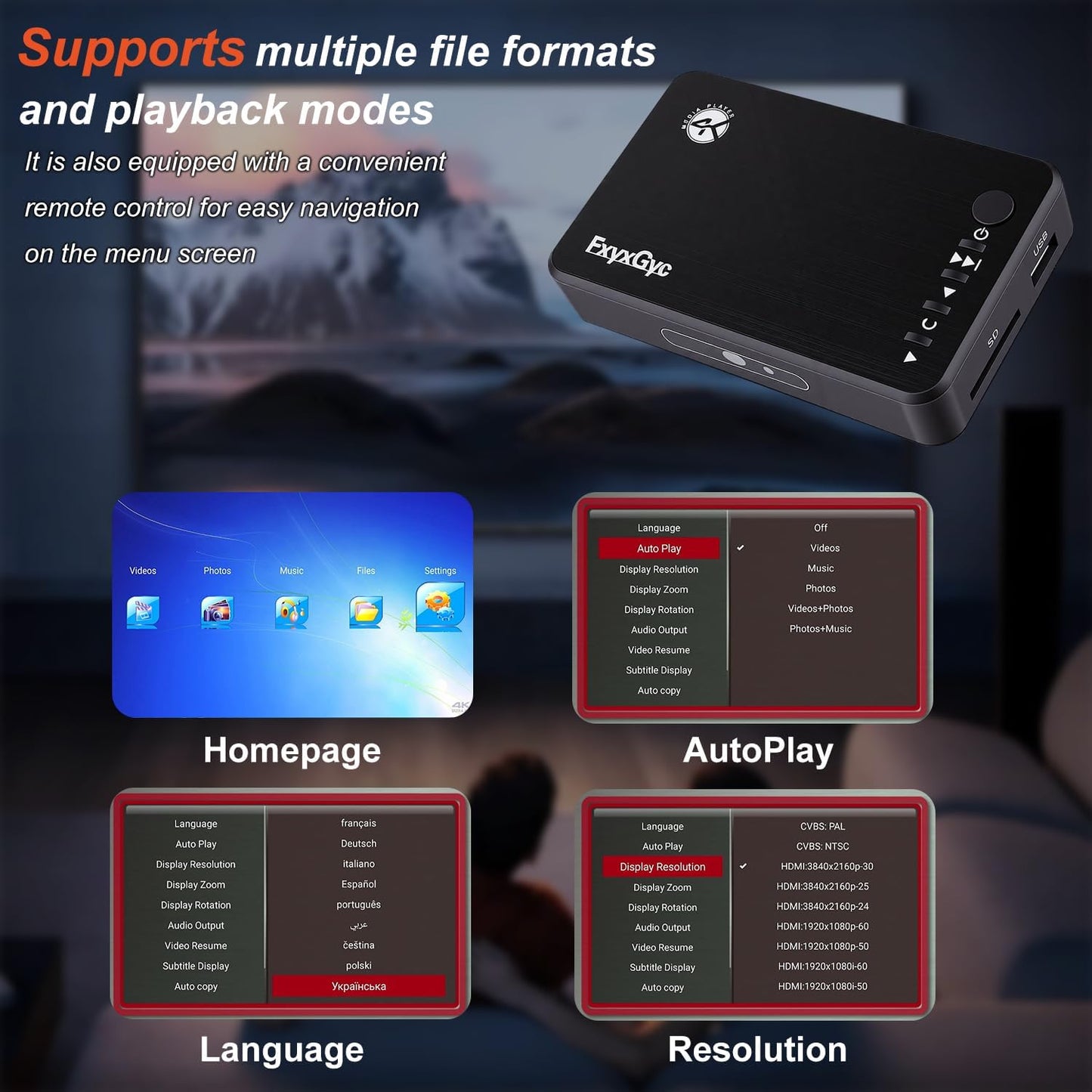 FxyxGyc 4K 4K@30Hz Output,H.265/H.264/AVC MP4/MKV/MP3/AVI/TS/Rmvb/Mov/ISO/JPG HDMI Media Player, Ultra HD Digital Media