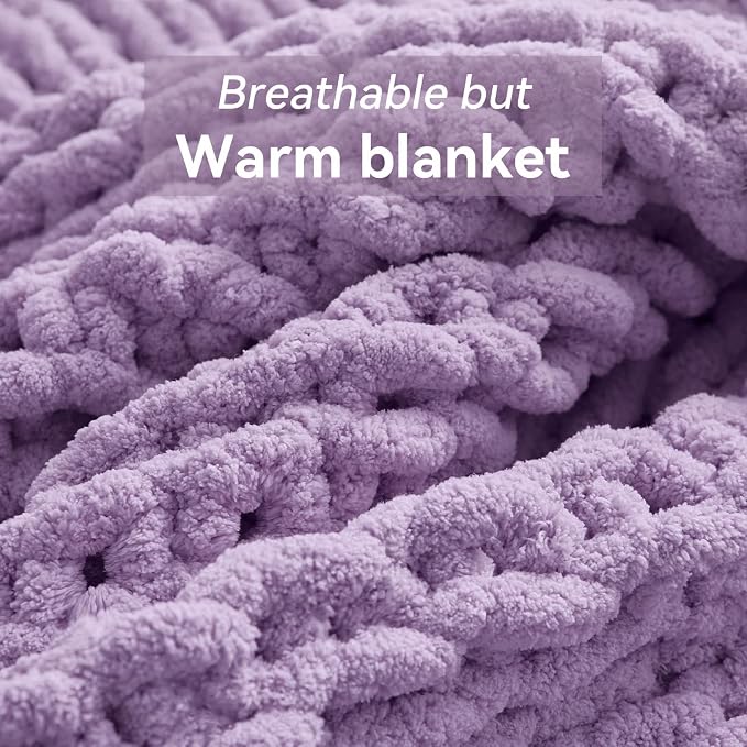 Negwoo Chunky Knit Throw Blanket, 30''*40'' Knitted Throw Chenille Yarn for Bed Couch, Handmade Light Purple Crochet Big Thick Blanket, Machine Washable Cute Comfy Blanket for Home Decor