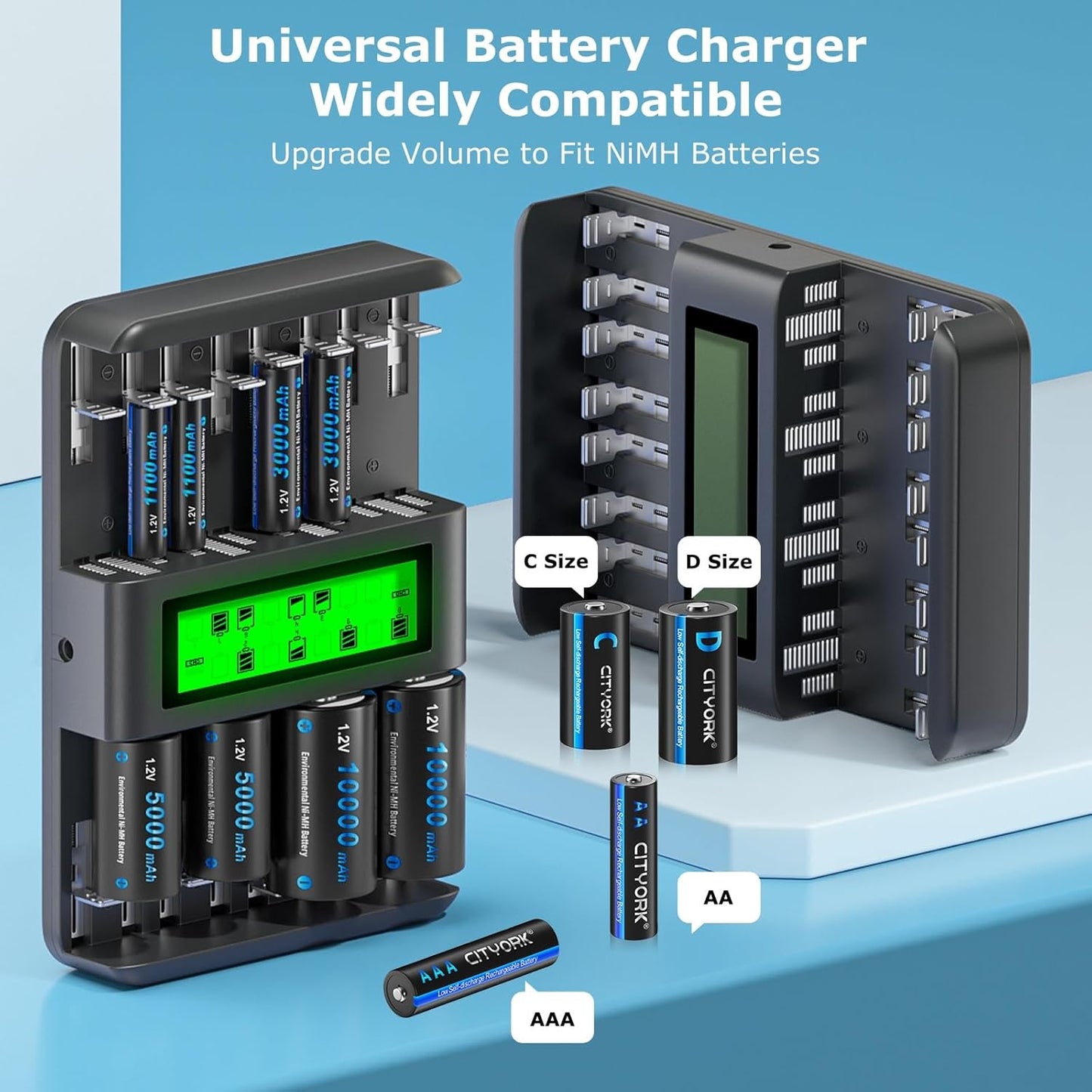 CITYORK 16 1.2V Bay Rechargeable Battery Charger Smart LCD Display for AA AAA C D Ni-MH Ni-CD Rechargeable Batteries