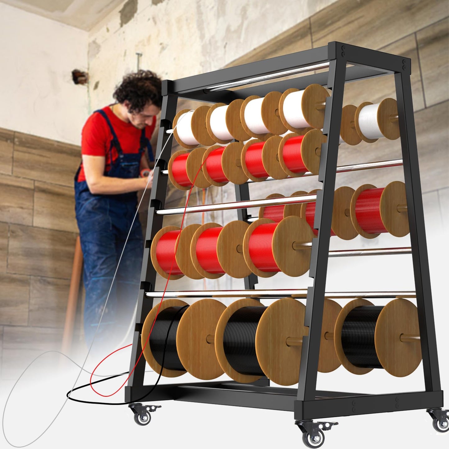 ATOLS Heavy-Duty 13-Rod Wire Spool Rack – 400lb Capacity, Adjustable Cable Caddy & Dispenser with Locking Wheels for Electrical and Industrial Use