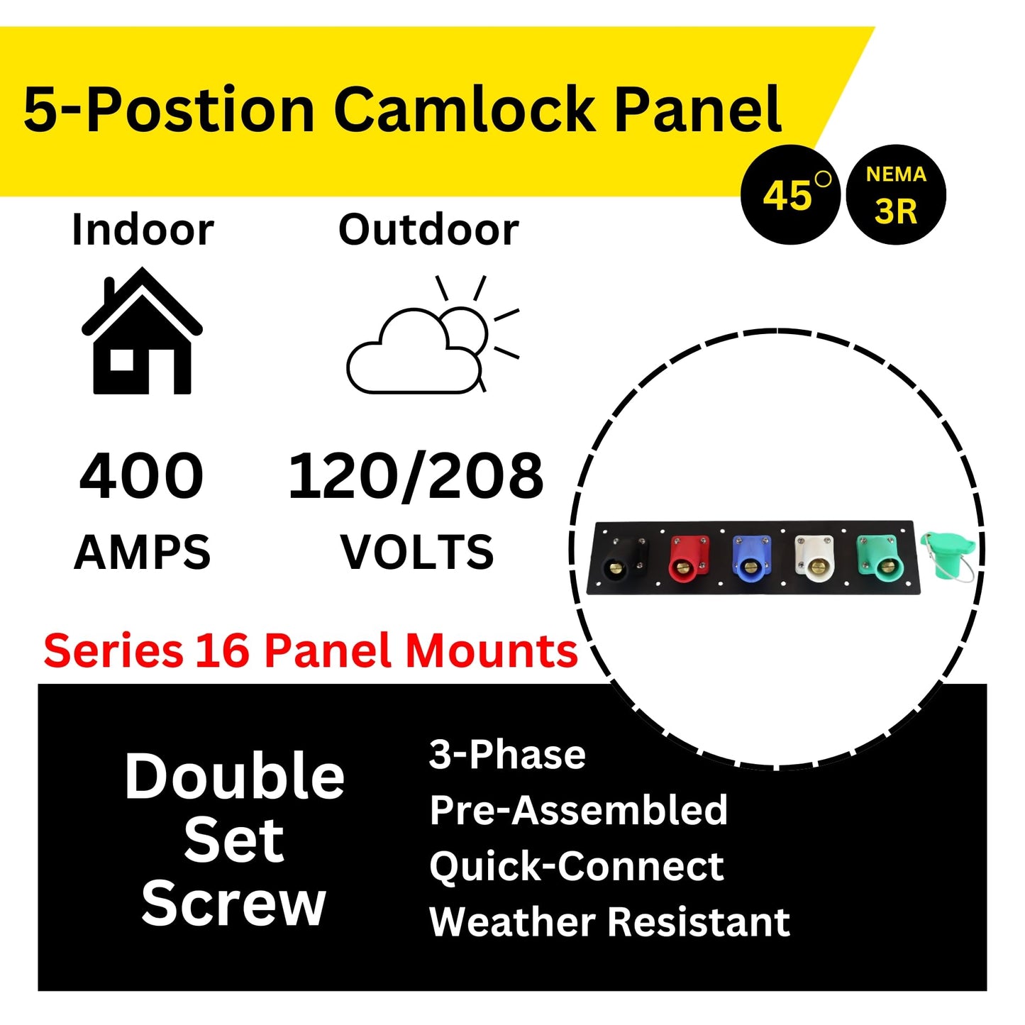 Power Assemblies 5 Position CAM Lock Panel, 400 Amp, 3 Phase 120/208V, Male, 45°, Double Set-Screw Connections with NEMA 3R Caps and Lanyards, Series 16 CAM Connectors, Power Distribution Panel