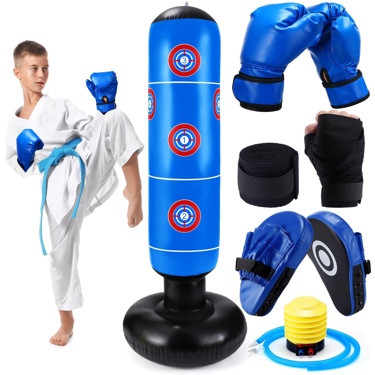 7 Pcs Kids Punching Bag Set Include Boxing Gloves, Inflatable Punching Bag, Hand Wraps, Hand Pads, Air Pump, Kids Boxing Training Set for Karate Kickboxing Taekwondo(Blue)