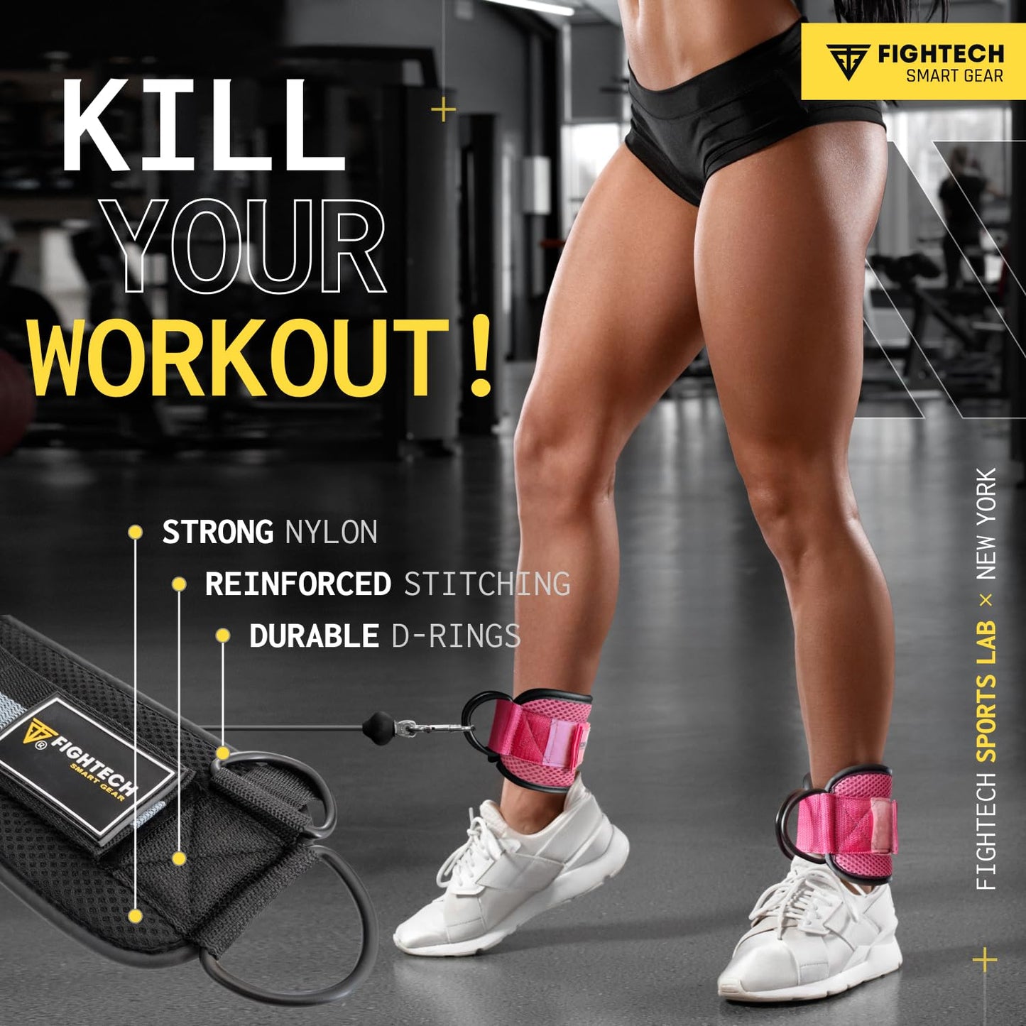 FIGHTECH Ankle Straps Cable Machine Attachment for Gym - Cable Kickback Ankle Straps - Padded Ankle Cuffs for Glute Kickbacks and Leg Workouts (Pink/Classic, Pair)