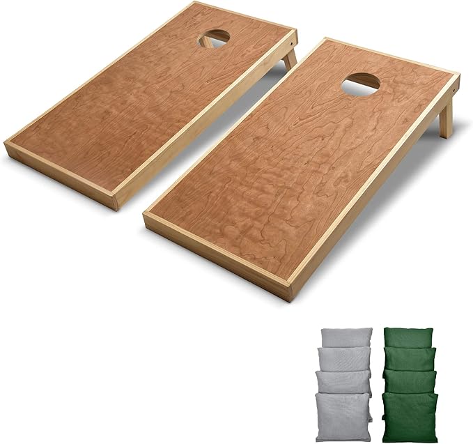 GoSports 4 ft x 2 ft Commercial Grade Cornhole Boards Set - Natural Wood Cornhole Boards, Choose from Different Bean Bag Color Combinations - Dark Green & Gray