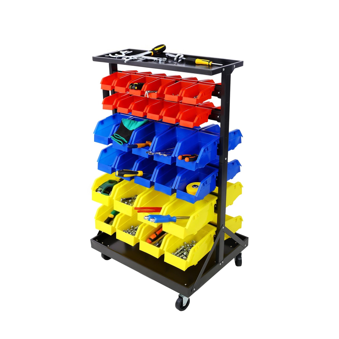 Veemuaro 6-Tier Rolling Bin Stroage Rack with 60 Bins, Dual-Sided Parts Organizer with Wheels and Top Tray, Heavy Duty Tool Storage Rack for Workshop, Garage, Utility Use