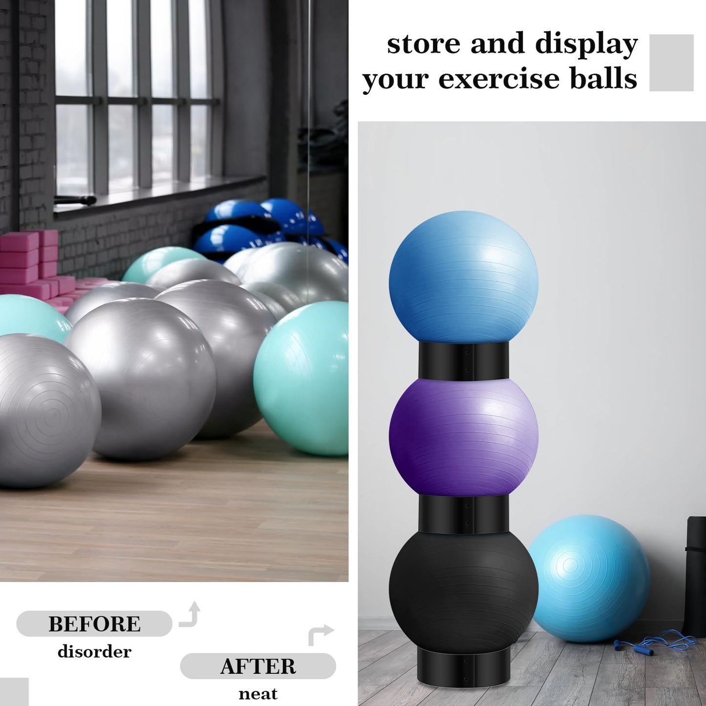 Wenqik 3 Pcs Exercise Ball Stand Holder 14.5 Inch Plastic Yoga Ball Base Stability Fitness Display Stand Medicine Therapy Carrier Storage Stackers(Black)