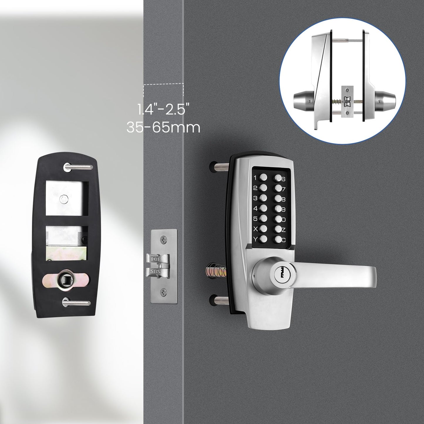 LVOZ Keyless Entry Door Lock with Handle - Mechanical Door Lock 100% Without Batteries - Easy to Install & Use - Keypad Lock on Zinc-Alloy, Water and Sun Proof for Indoor or Outdoor