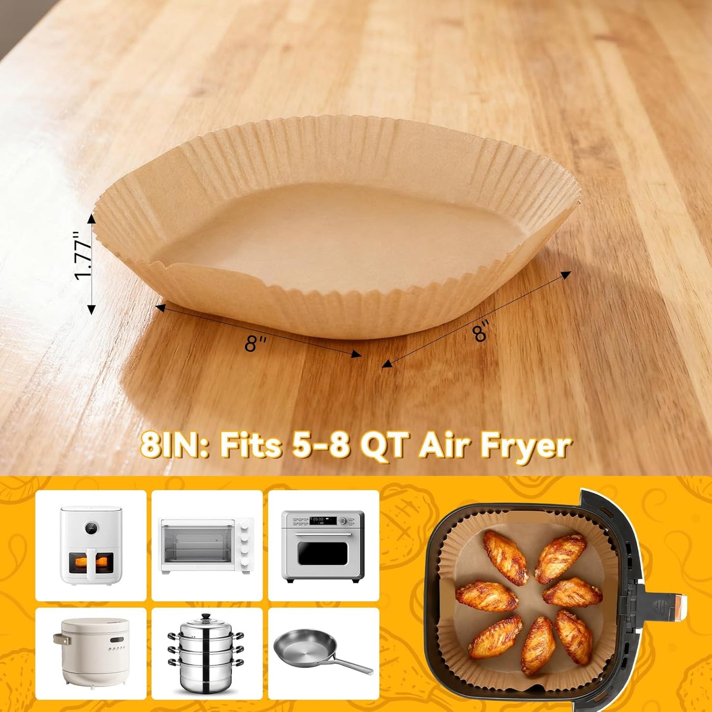 Skiennix Air Fryer Paper Liners - 400 Pcs Unbleached Non-Stick Parchment, 8 Inch Square for 5-8 QT