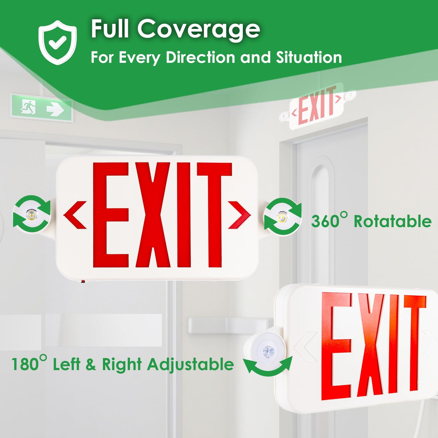 Gruenlich LED Exit Sign Combo with Emergency Lights, Adjustable Heads, Battery Backup, UL 924 Qualified, AC 120-277V, Commercial Emergency Exit Light for Business- 12 Pack