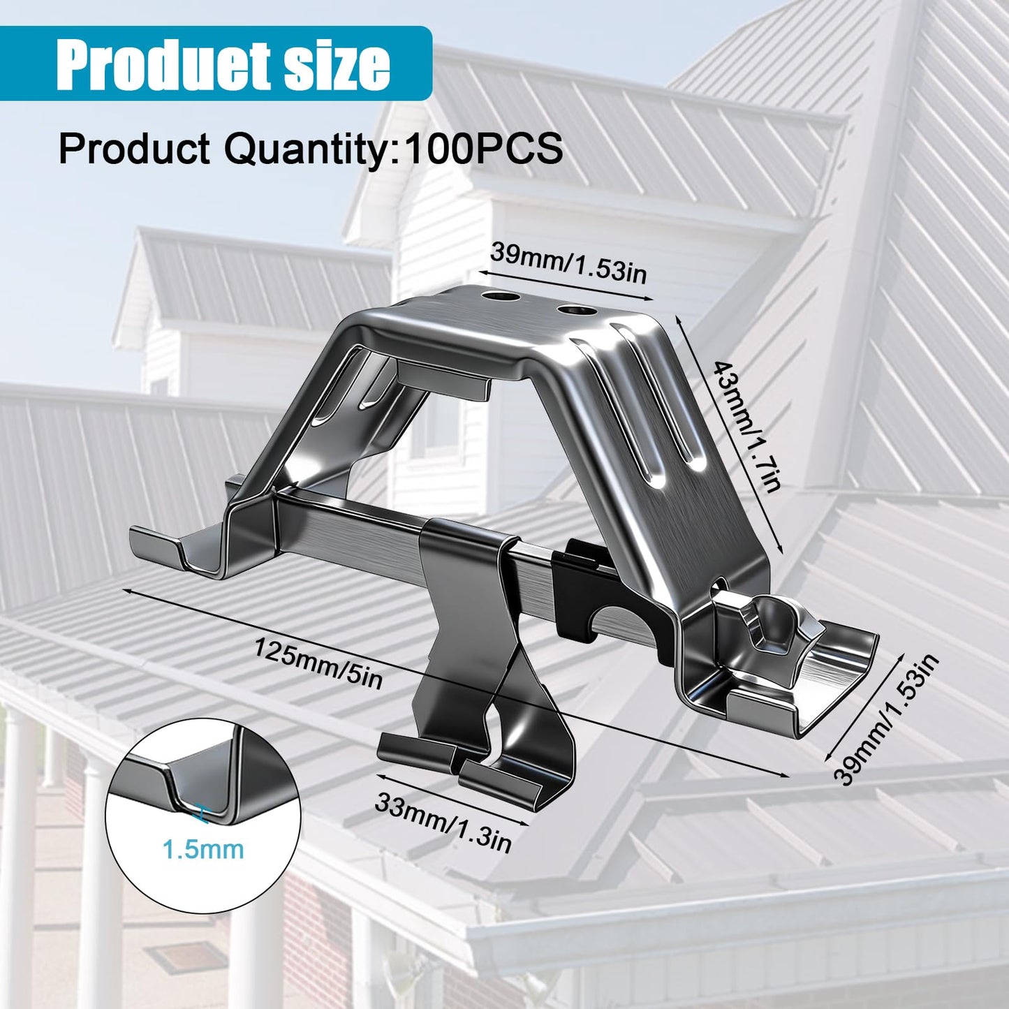 100PCS Galvanized Steel 475 Panel Roof Edge Brackets, 1.5mm Heavy-Duty Standing Seam Roofing Fixing Clips, Durable Color Steel Panel Fasteners for Installers, Builders & Contractors