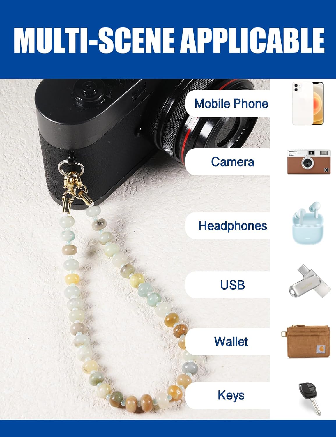 CH.yishi Handmade Natural Gemstone Crystal Beaded Charm Cell Phone Camera Lanyard, Hands-Free Wrist Strap, Phone Chain