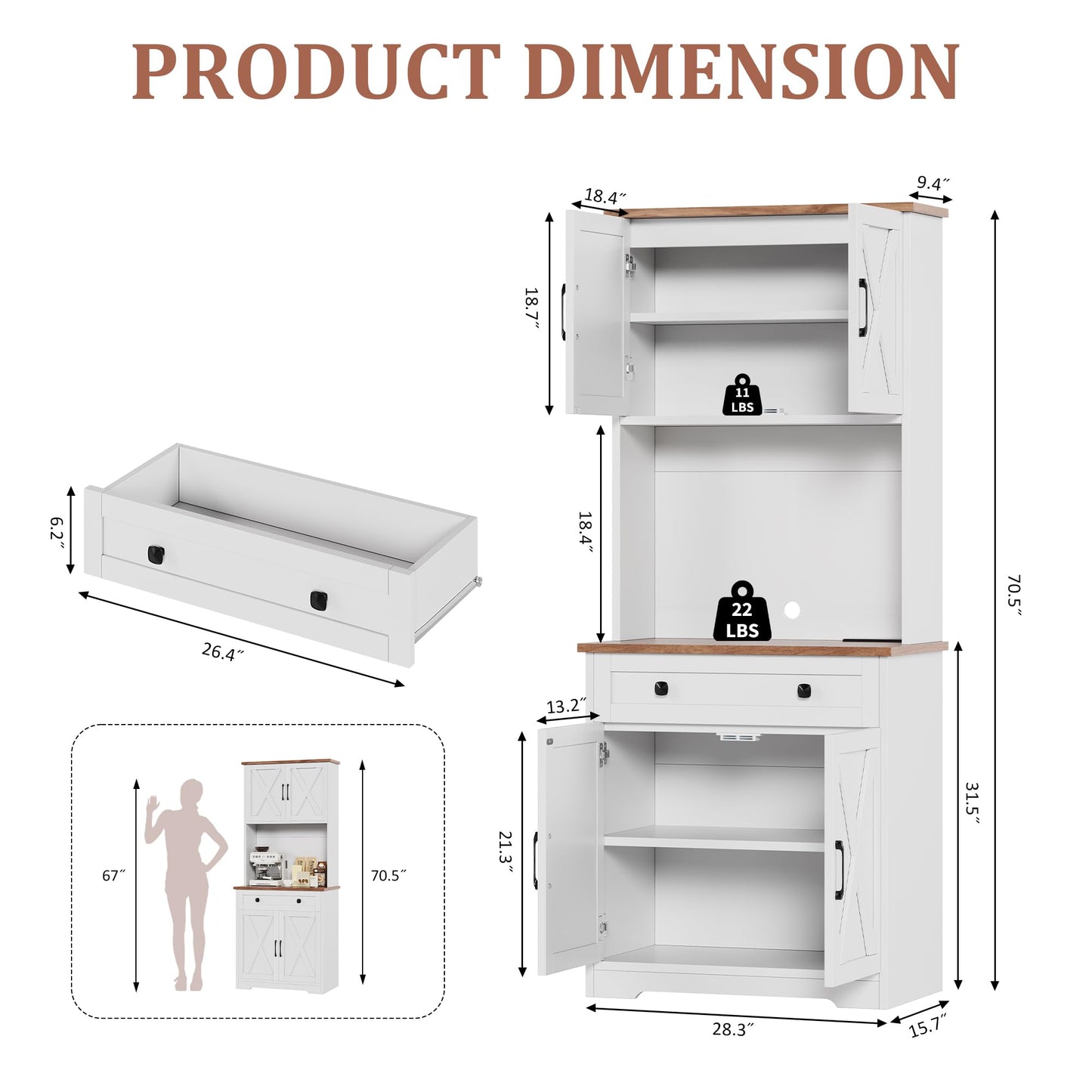 Garvee 71" Pantry Cabinet with Charging Station, Tall Kitchen Pantry Storage Cabinet with Microwave Stand, Large Farmhouse Kitchen Hutch with Cabinet Doors & Drawer for Living Room, Dining Room