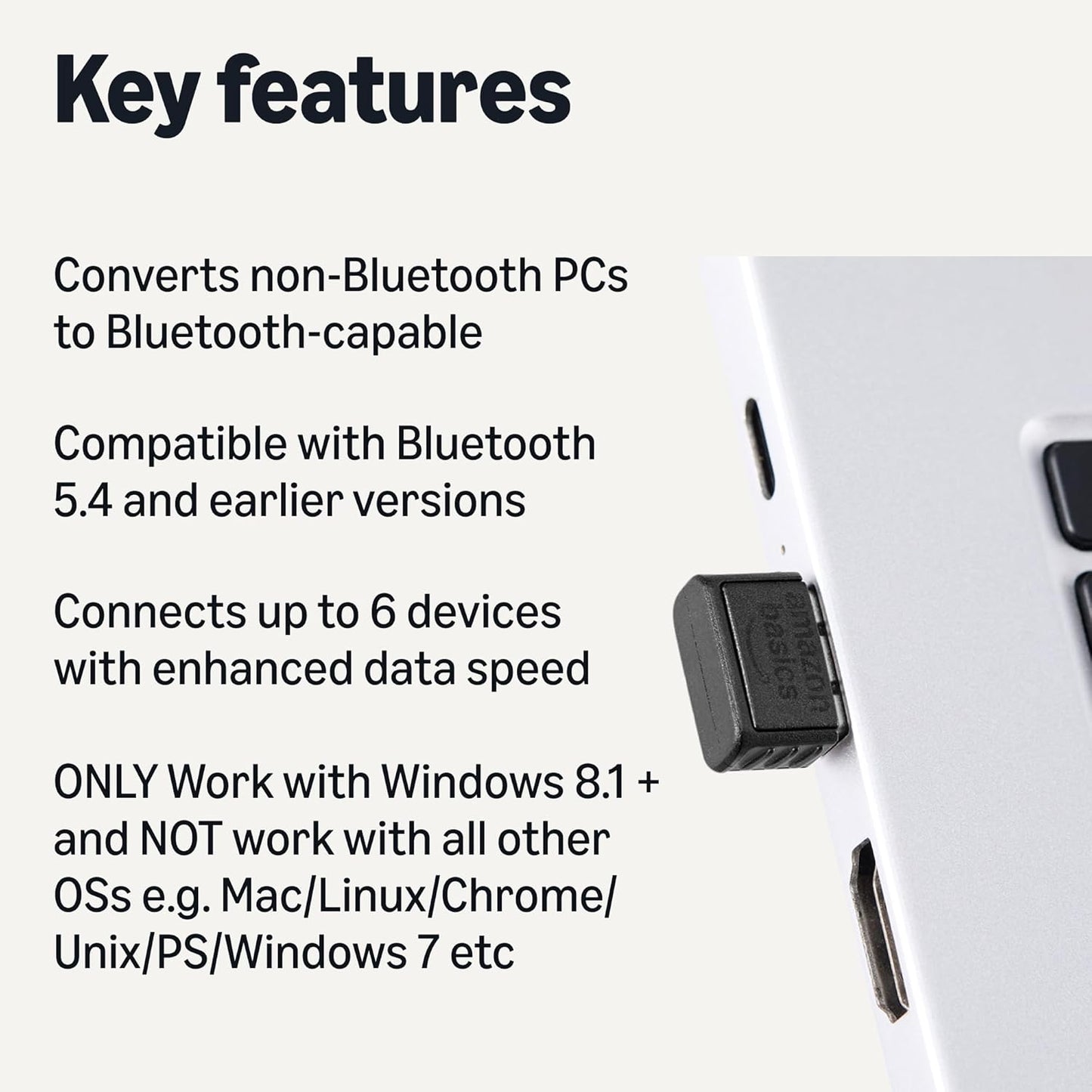 Amazon Basics 5.4 11/10/8.1 Bluetooth USB Adapter Dongle for PC, USB Receiver for Bluetooth Mouse, Keyboard, Laptop