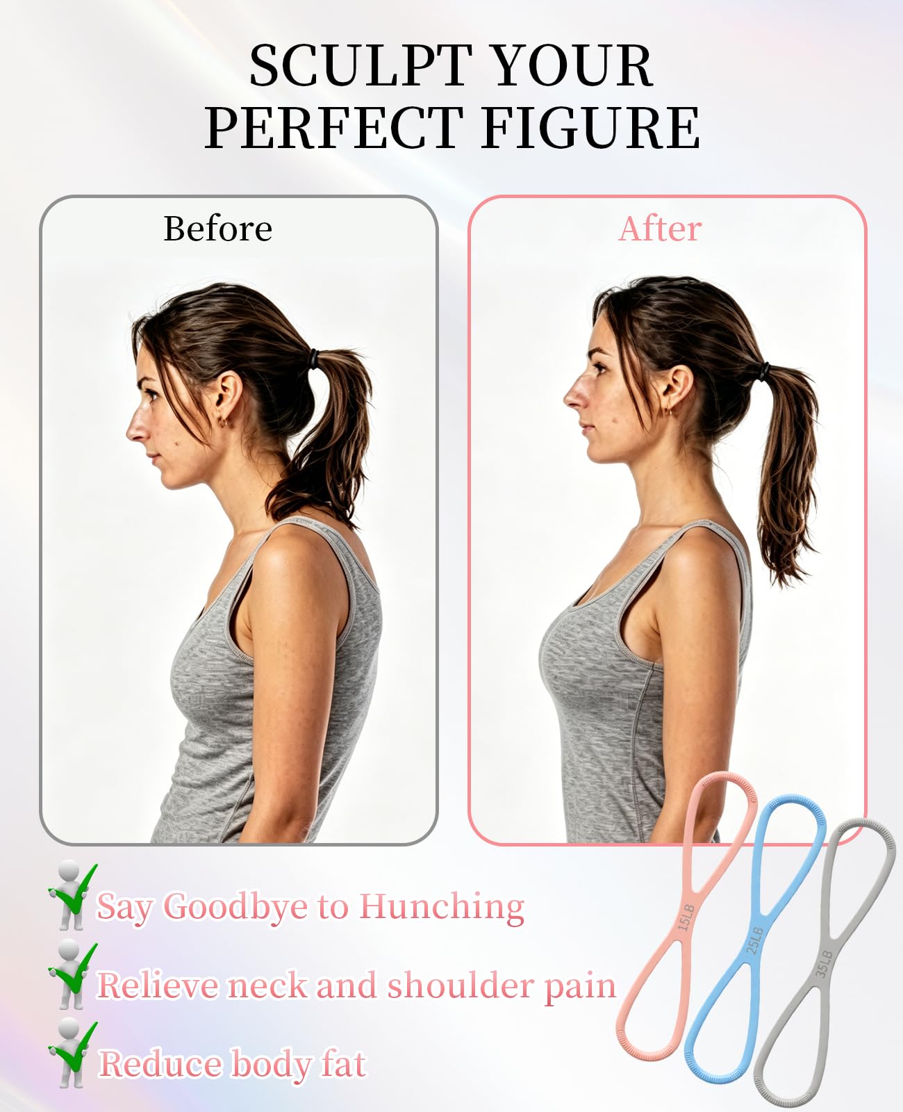 Waaqkid Figure 8 Resistance Band, 3pcs 15&25&35 Lbs Silicone Arm Posture Resistance Bands with Non-Slip Handles for Full Body Workout
