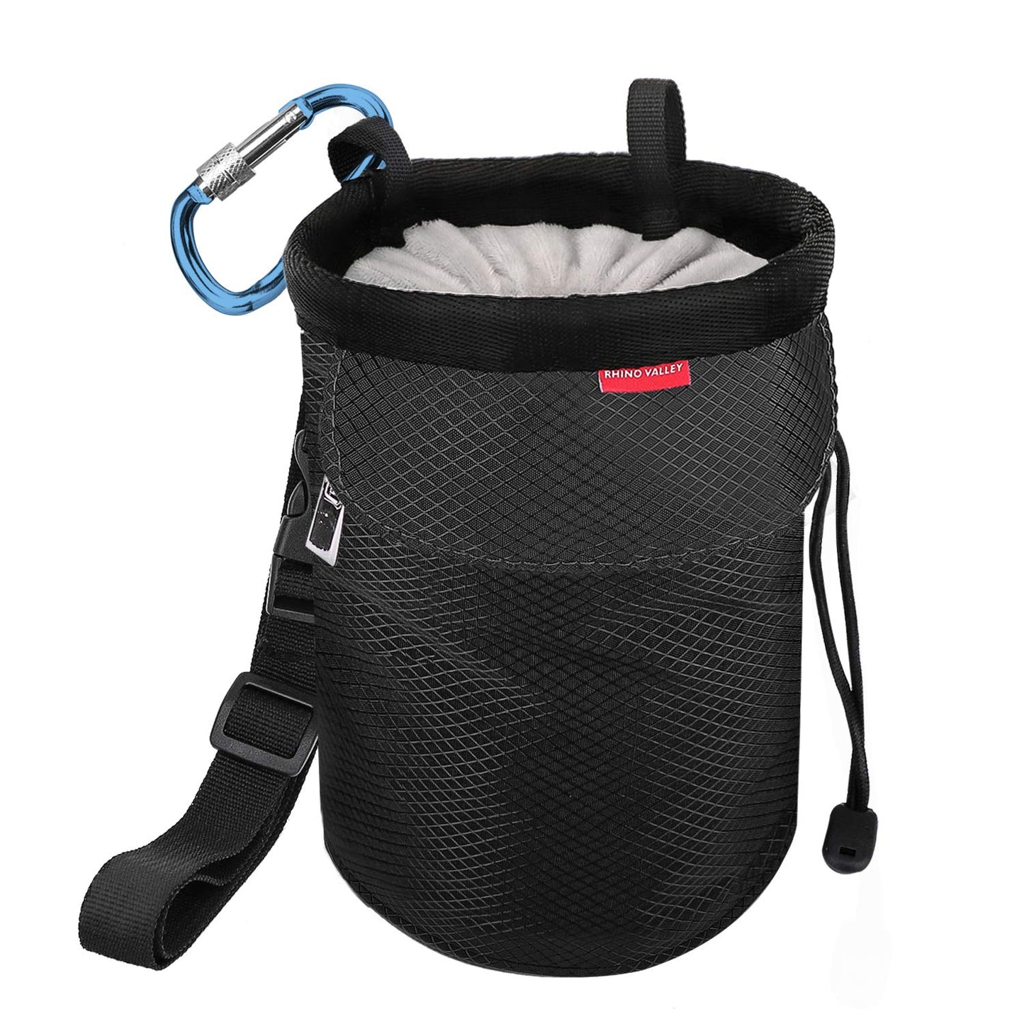 Rhino Valley Climbing Chalk Bag, No Leak Drawstring Chalk Bag with Adjustable Belt, Carabiner Clip and Zippered Pockets Chalk Bag for Rock Climbing, Cross Fit, Weight Lifting & More, Black