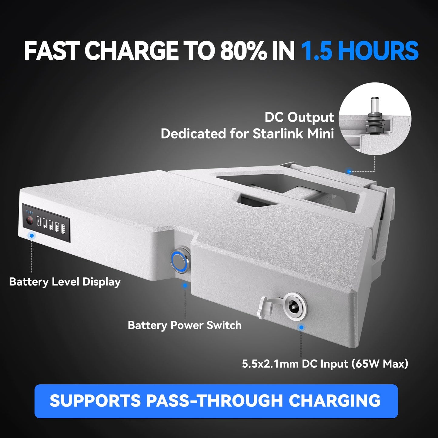 Ennzia E100 Starlink Mini Battery Pack with Charger, 99Wh 27600mAh Capacity, Air Travel Safe, Up to 5 Hours Runtime, IP65 Water-Resistant, Pass-Through Charging Supported