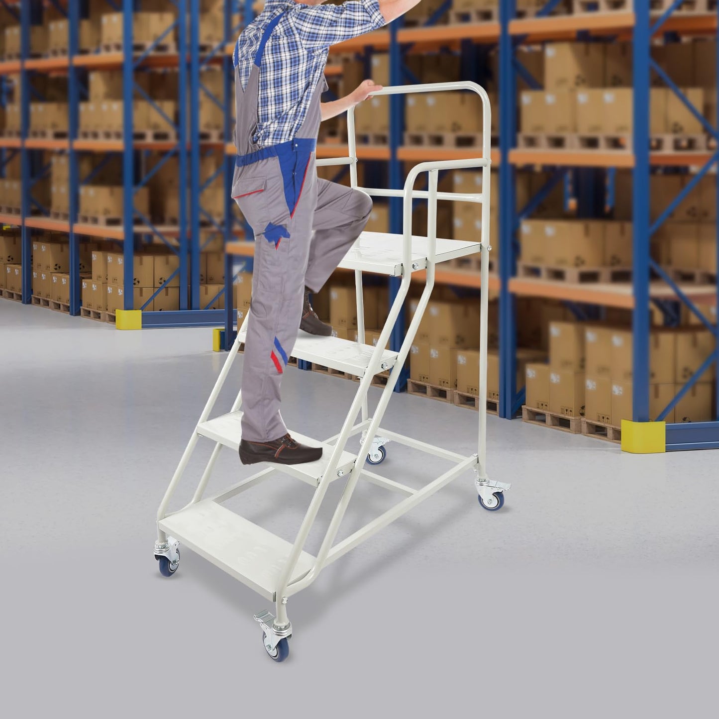 4 Step Rolling Stairs with Wheels, Industrial & Warehouse Step Stairs Non-Slip Rolling Steps Ladder Mobile Stairs with Stair Edge Protector for Garage Library, 882 Lbs Capacity
