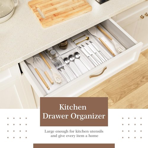 Criusia 14 PCS Clear Plastic Drawer Organizer Set | 5 Large Non-Slip Storage Bins for Kitchen & Bathroom