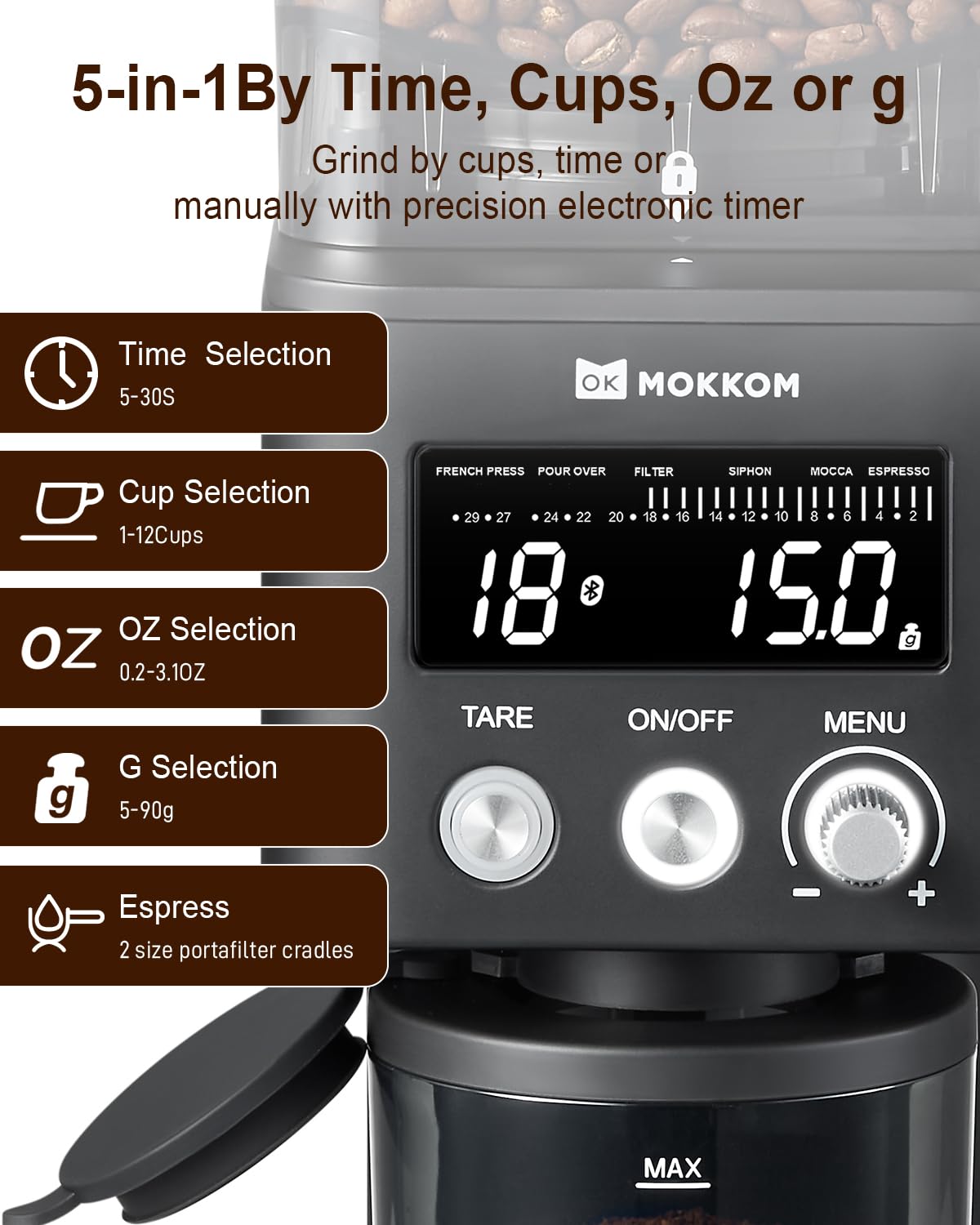 MOKKOM Electric Coffee Grinder with Removable Coffee Scale, Anti-static Conical Burr Coffee Bean Grinder,31 Precise Settings for Espresso Pour Over, French Press, Black
