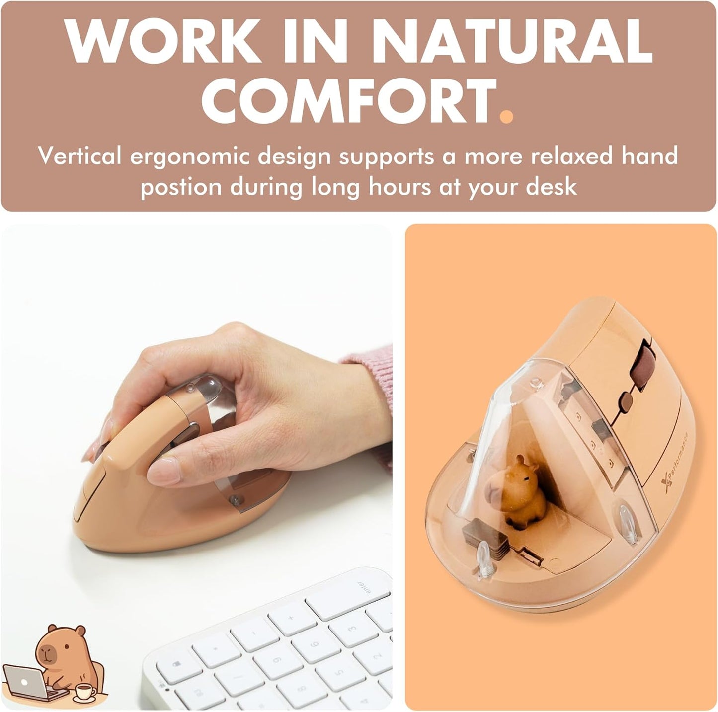 X9 Performance 2.4G) 4000 6 Wireless Vertical Ergonomic Mouse - Click with Capybara - (BT + Up to DPI, Button
