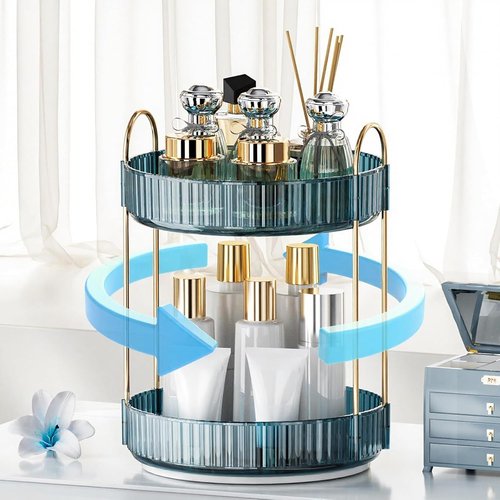 INVSSENE 360° Rotating Makeup Organizer - Large Capacity Vanity Shelf for Cosmetics & Skincare | Blue, 2 Tiers