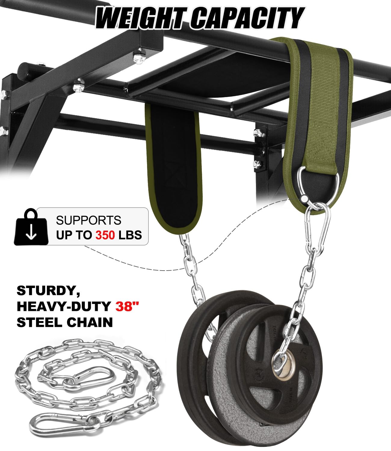 Seektop Dip Belt for Weightlifting - GYM Workout Pull Ups Belt with Chain, Neoprene Waist Dip Belt Crossfit for Weight Lifting, Squat, Training, Fitness, Men & Women (Belt & Chain) (Green)
