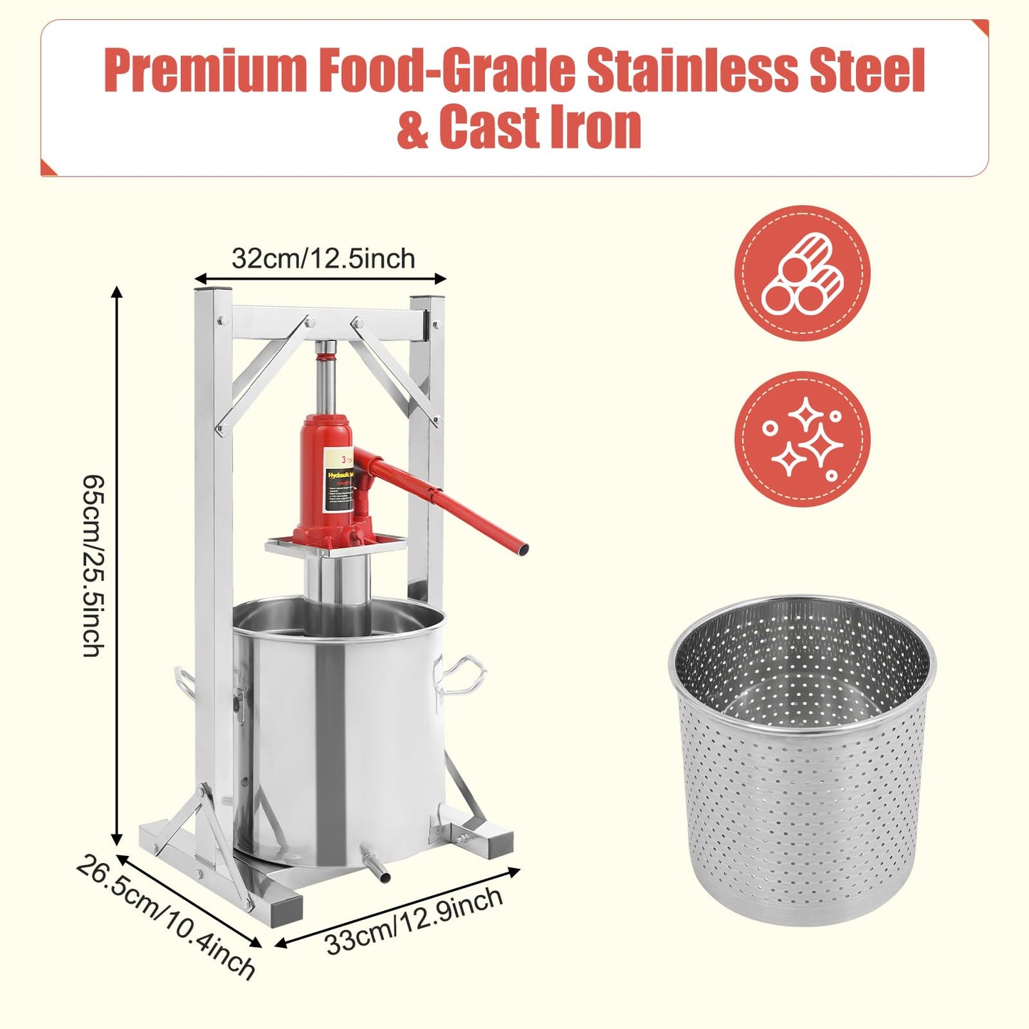 Fruit Press, 3.2 Gallon Food Grade Stainless Steel Cider Press with Hydraulic Jack Manual Grape Wine Making Supplies and Equipment Fruit Crusher for Home, Restaurants