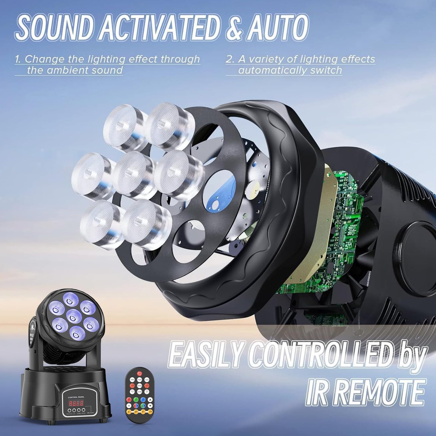 U`King Moving Head Light RGBW Stage Lighting DJ Lights 7 x 10W LED Beam Spotlight 9/14 CH Wash Light with DMX and Sound Activated for Party Church Wedding Bar Christmas Halloween Disco (2 Pack)