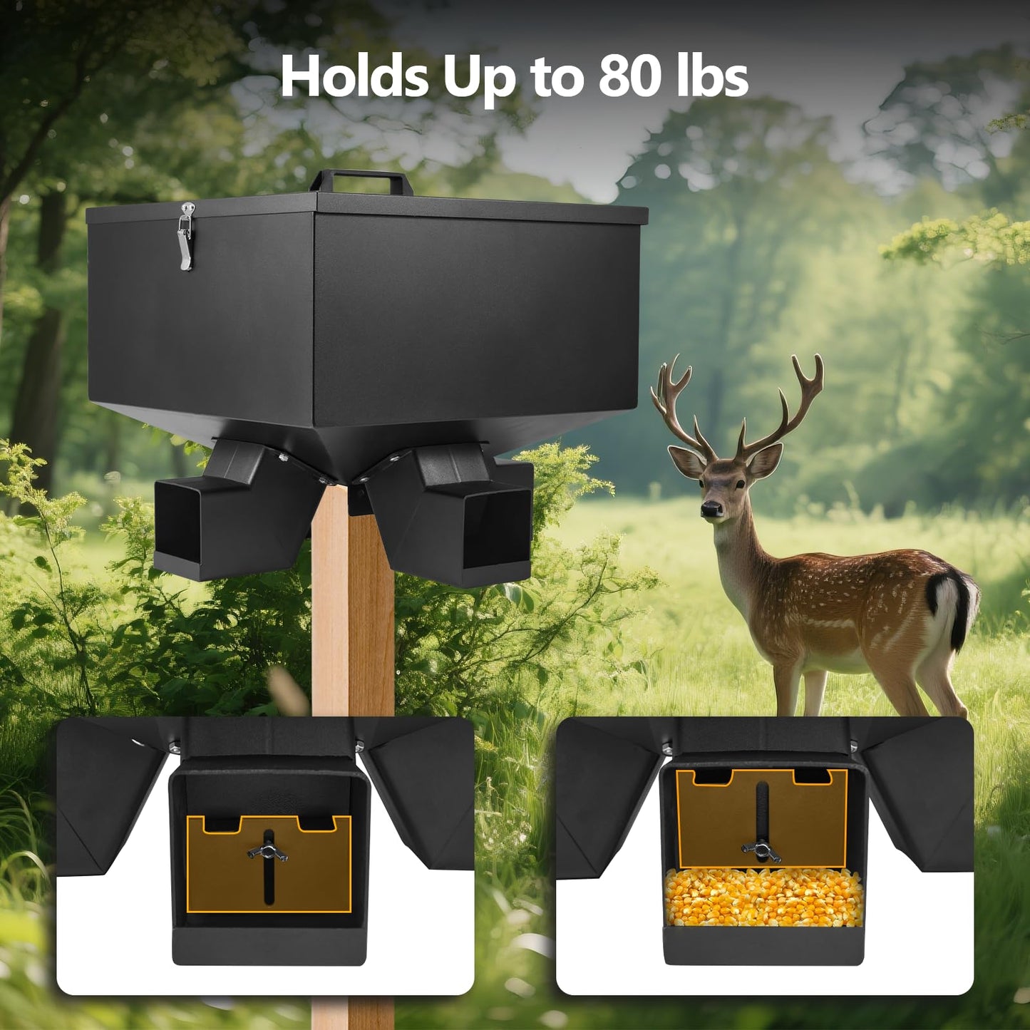 YeeJinHong Portable 80LB Gravity Deer Feeder,Heavy Duty Metal Automatic Deer Feeder with 4 Feed Ports,Weatherproof for Wildlife Hunting & Backyard Game