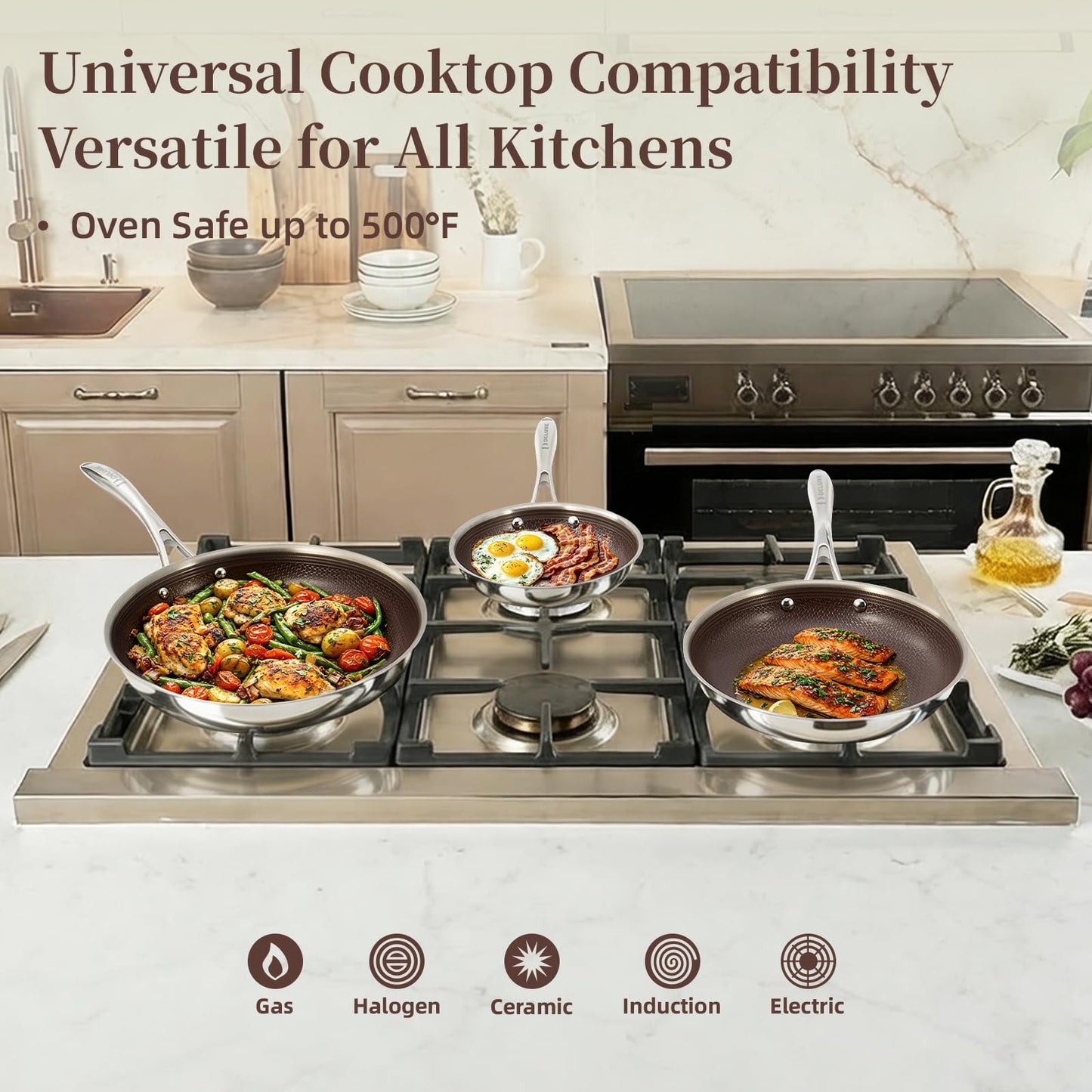 DELUXE Hybrid Ceramic Nonstick 5-PC Fry Pan Set,8,10,12 Inch Frying Pans with Tempered Glass Lid,Stay-Cool Handle, Dishwasher Safe, Works on All Stovetops Induction for Home Daily Cooking (Burgundy)