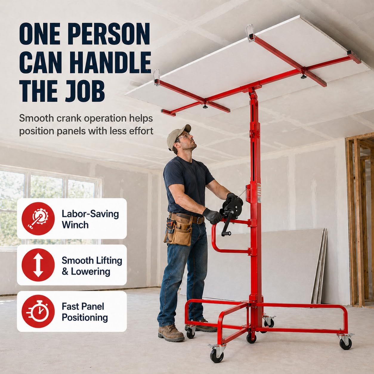 ELOMBR 16FT Drywall Lift Sheetrock Lift, Panel Hoist with 4 Lockable Wheels for Ceiling, Drywall Rolling Lifter Panel, 150LBS Drywall Jack Lift for Home & Commercial Use, Red