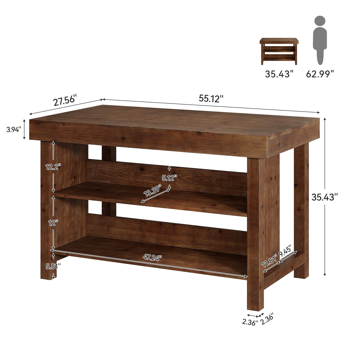 TRIBEWOOD 55" Solid Wood Kitchen Island with Storage, Farmhouse Kitchen Island Table with 3-Tier Open Shelves and Large Countertop for Kitchen, Dining & Living Room, Walnut