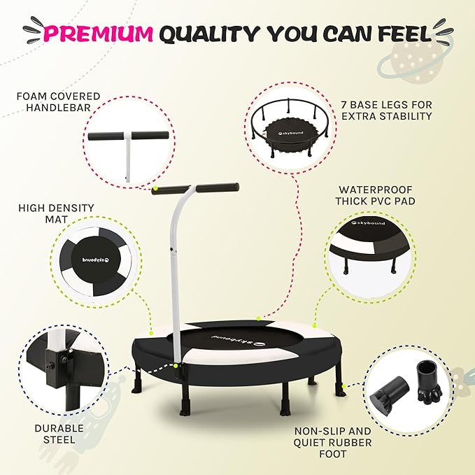 SkyBound 36 Inch Indoor Trampoline for Kids - Kids Trampoline Indoor with Handle - Toddler Trampoline with Upgraded 2.0mm Steel Pipe and Handlebar - Mini Indoor Trampoline for Kids Age 3 and Above
