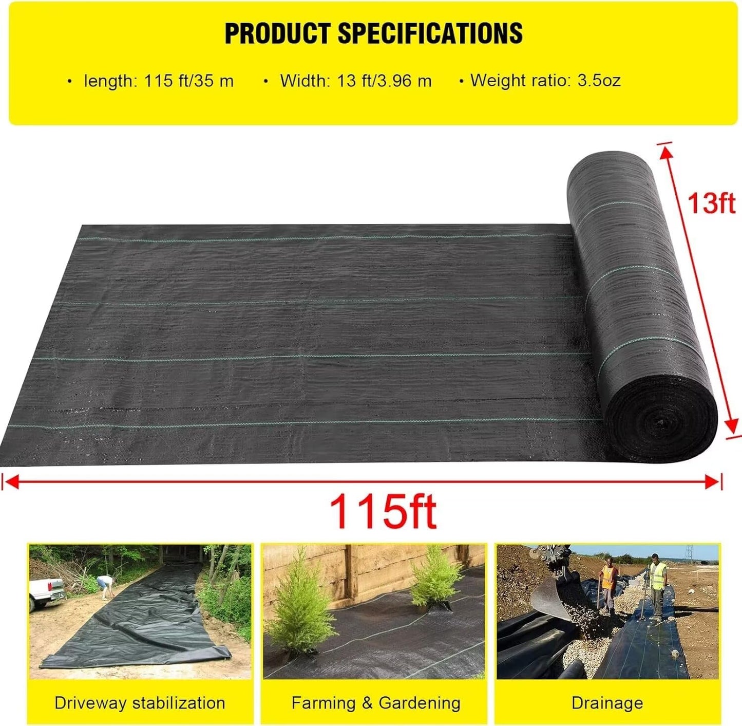 Driveway Fabric 13x115ft - Commercial Weed Barrier, Heavy Duty 3.5OZ Landscape Fabric for Road, French Drain, Erosion Control, and Construction Projects