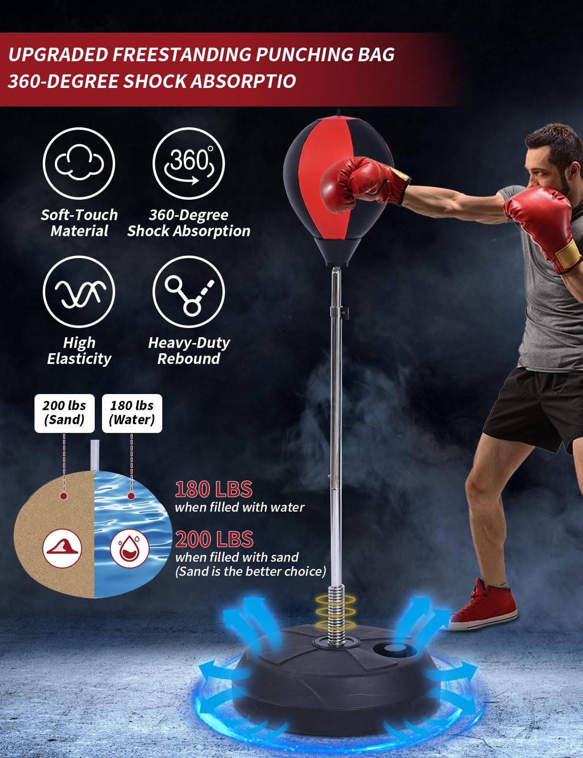 Stiatu Punching Bag with Stand, Heavy Boxing Bag Height Adjustable Reflex Bar and Speed Punching Bag for Adults & Youth, Home Gym Training Equipment for MMA Fitness Stress Relief (Red)
