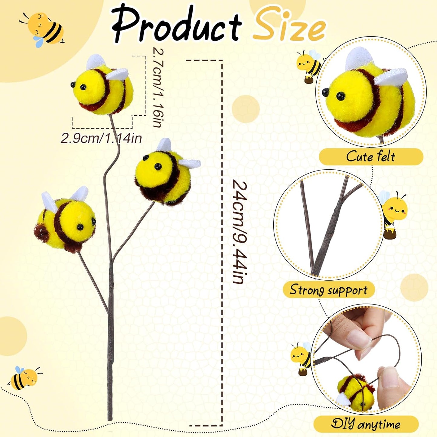 Suncalla 12 Pcs Felt Bee Stems - Adorable Honeybee Decorations for Baby Showers & Parties | Farmhouse Centerpieces