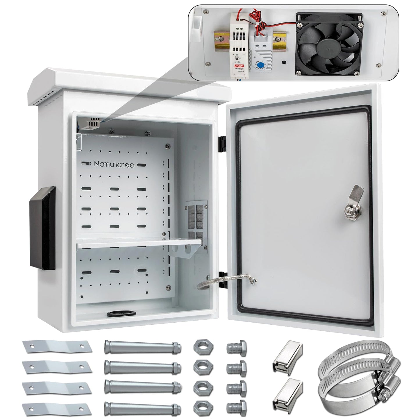 Outdoor Electrical Box with Thermostat and Fan, Cold-Rolled Steel Plate, Aluminum Alloy Back Beam, One-Piece Ventilation Design, IP65 Waterproof, Wall/Pole Mounted. (17.8" x 14" x 7.9")