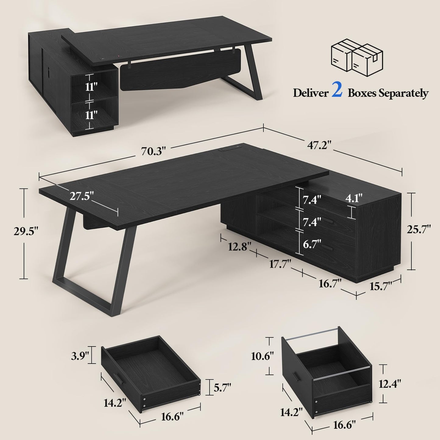 70.3 in L Shaped Executive Desk with Power Outlets, Large Home Office Desk with Storage Drawers & File Cabinet, Modern Computer Desk with Shelves, Black Business Furniture, Square Metal Legs, Black