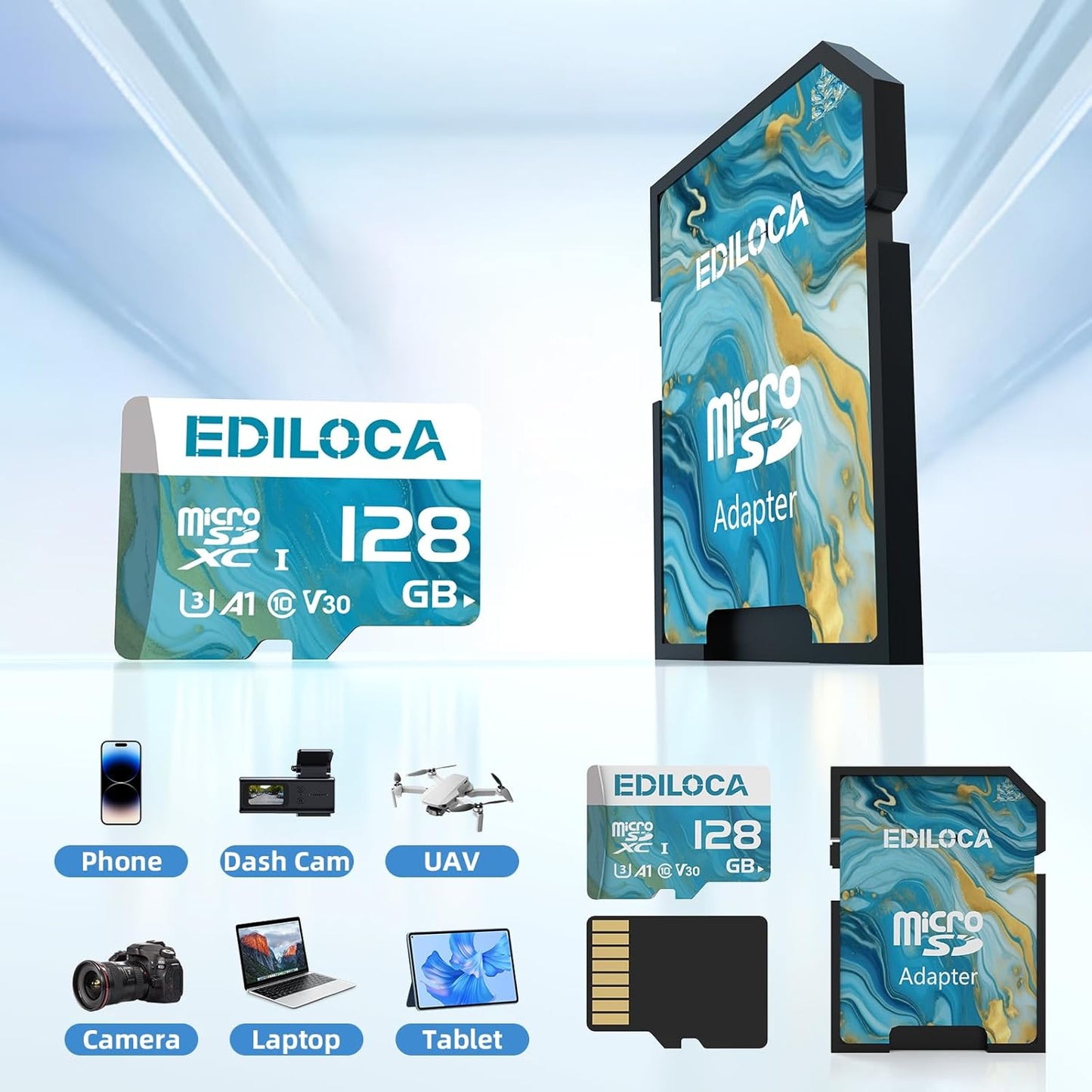 Ediloca 128GB 100MB/s, 4K C10, U3, V30, A1 Micro SD Card, Memory Card with SD Adapter, Read Speed up to UHS-I TF Card