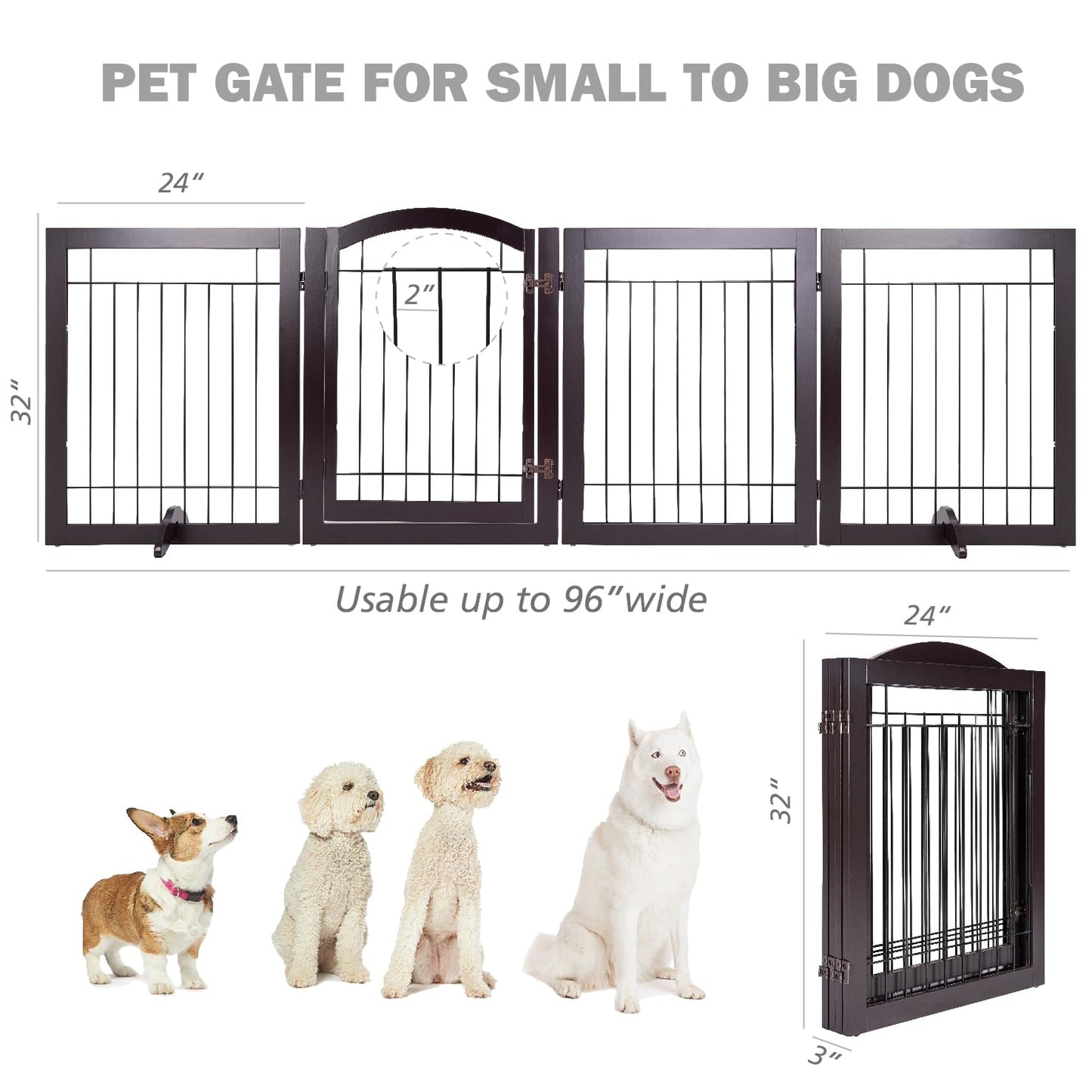 SPIRICH 96-inch Extra Wide 30-inches Tall Dog Gate with Door Walk Through, Freestanding Wire Pet Gate for The House, Doorway, Stairs, Pet Puppy Safety Fence, Support Feet Included(Espresso)