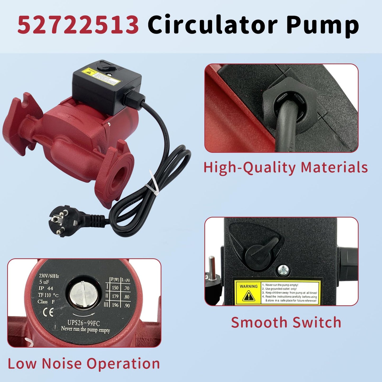 52722513 Up26-99Fc Water Circulator Pump Compatible with Grundfos 3-Speed Circulator Pump Systems 1/6HP 230V 145PSI GF 15/26 Flange for Heating Cooling Solar and Other Systems