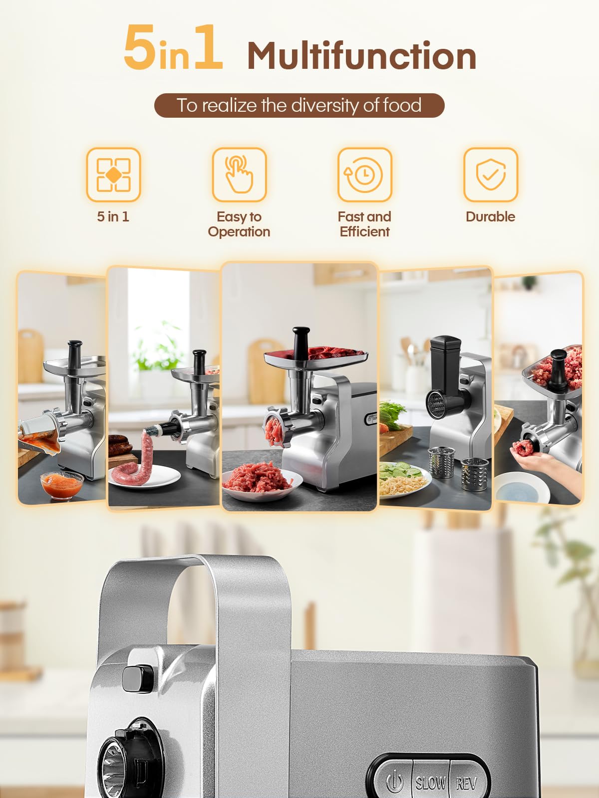FOHERE Meat Grinder 3000W Max, Heavy Duty 5-in-1 Electric Meat Mincer with Sausage Stuffer & Kubbe Kit, 3 Stainless Steel Grinding Plates for Home Kitchen & Deer Processing (Silver)